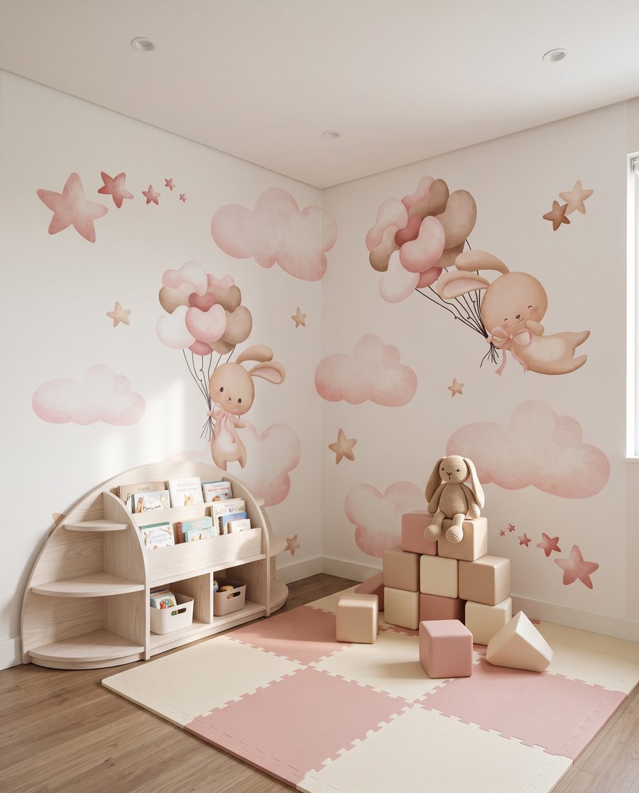 Groep roze wolken en een konijn met ballonnen in een interieur
