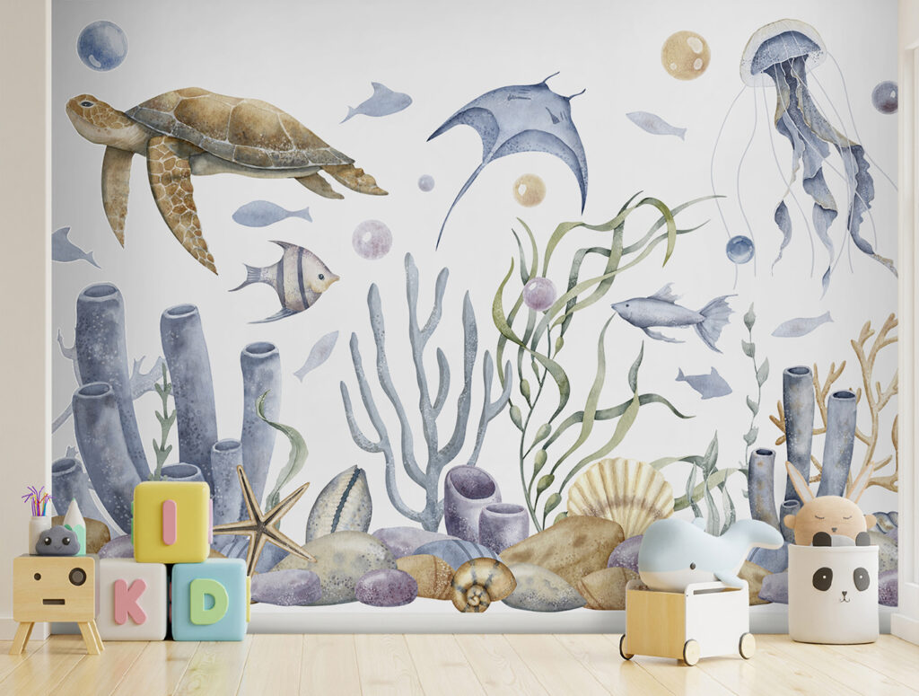 Zeeleven met vissen en zeewier in een interieur