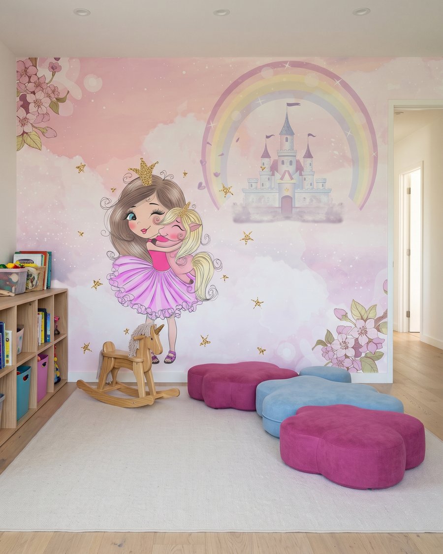 Prinses bij regenboogkasteel in een interieur