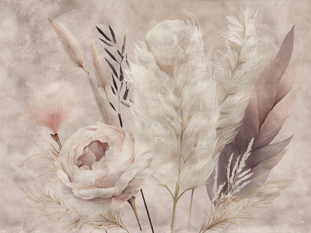Roos tussen drooggras, veren — volledig ontwerp