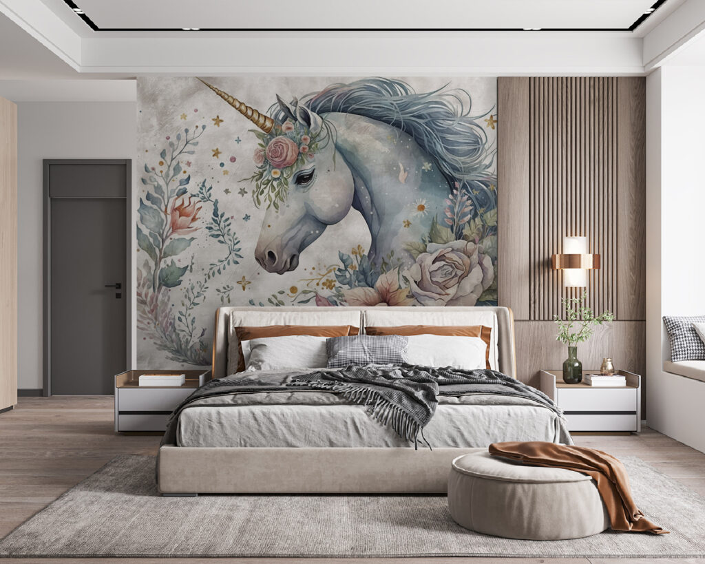 Eenhoorn met bloemen en bladeren in een interieur
