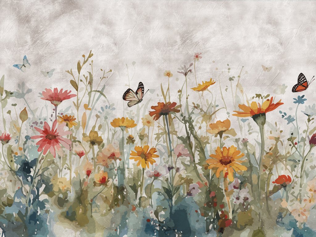 Vlinders boven een veldboeket — volledig ontwerp