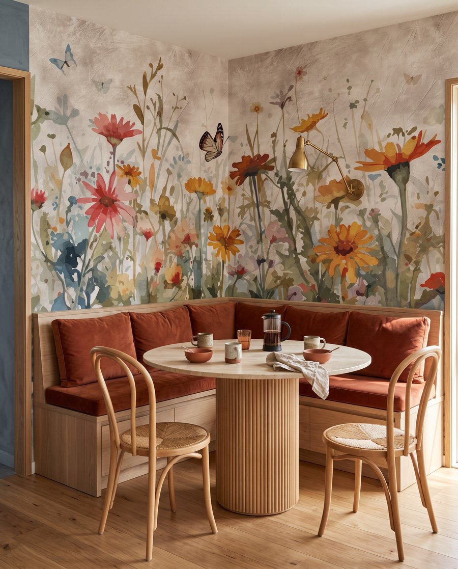Vlinder vliegend over een bloemenveld in een interieur