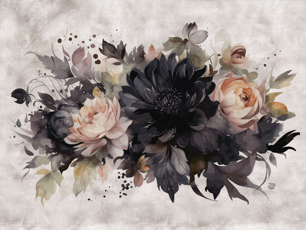 Donkere bloemen op verfwit — volledig ontwerp
