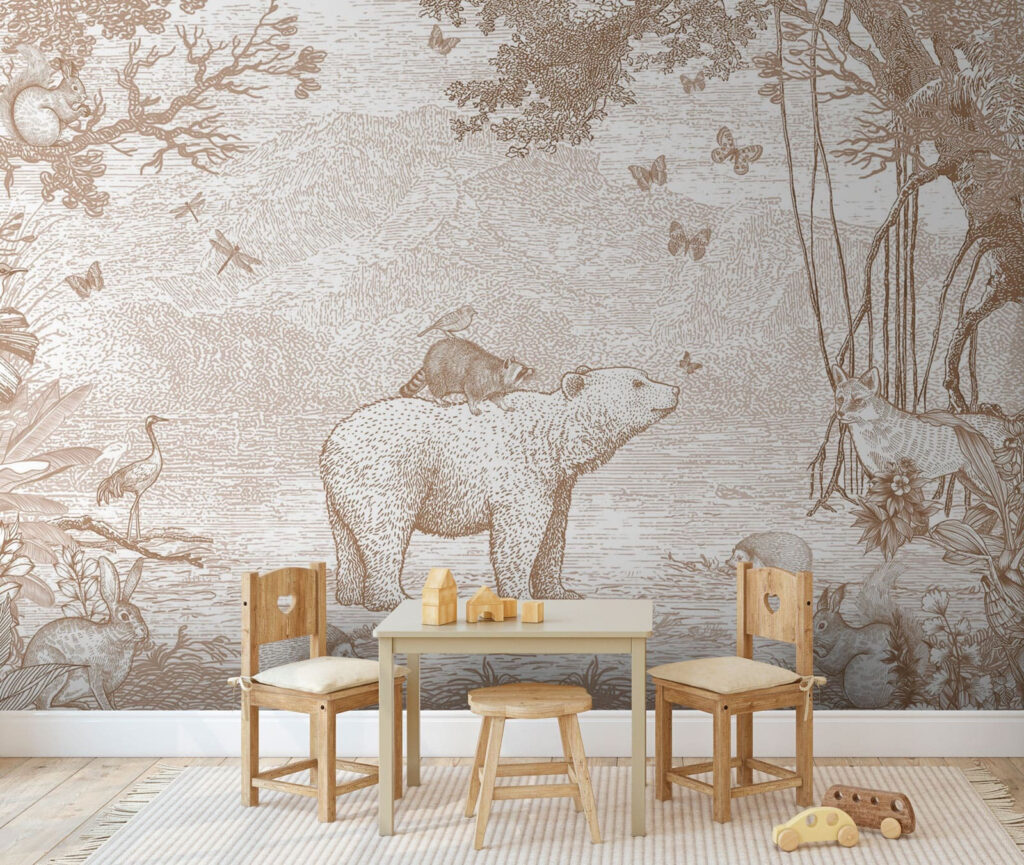 Beer en dieren in een bos in een interieur