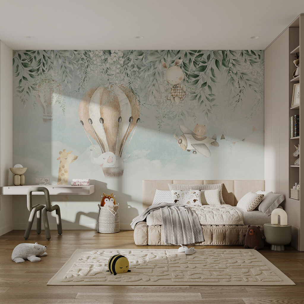 Schilderij van vliegende dieren in de lucht in een interieur