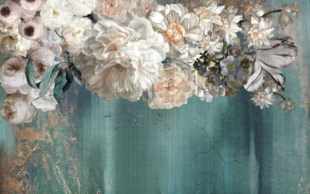 Witte bloemen boven verfstromen — volledig ontwerp