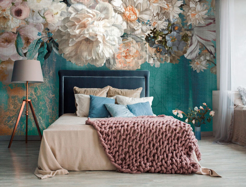 Witte bloemen boven verfstromen — interieur 1