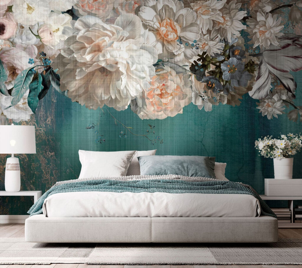Witte bloemen boven verfstromen — interieur 2