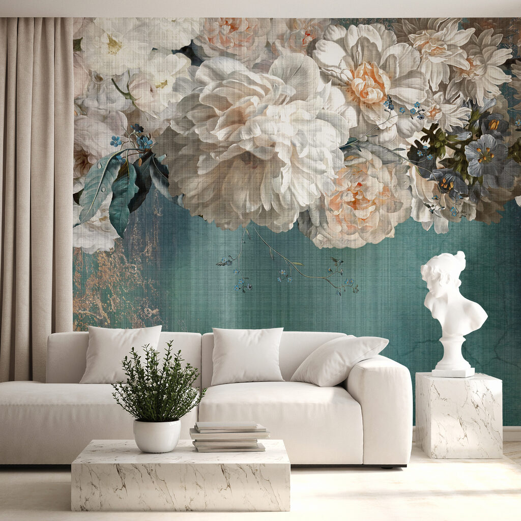 Witte bloemen boven verfstromen — interieur 4