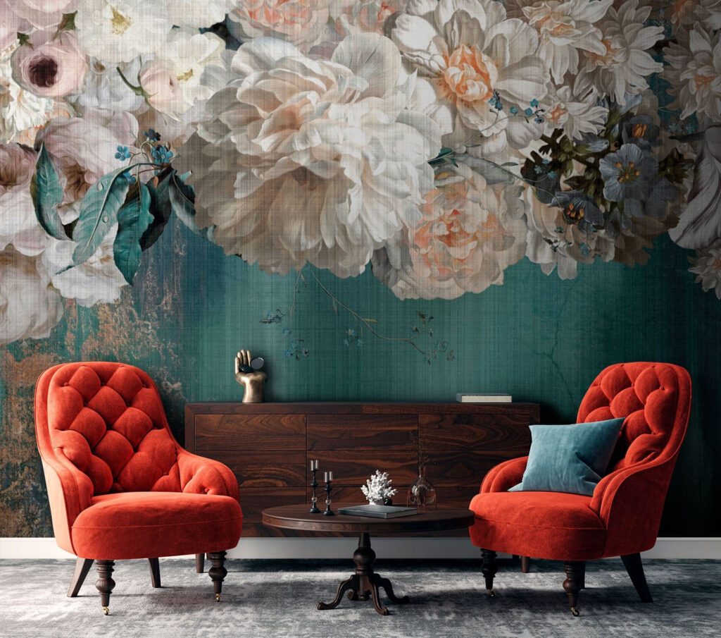 Witte bloemen boven verfstromen — interieur 3