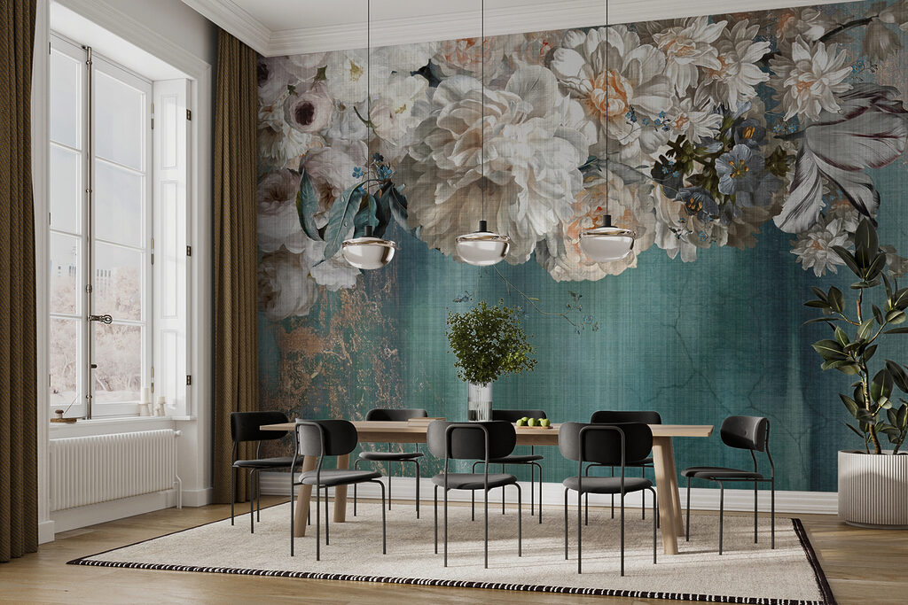 Witte bloemen boven verfstromen — interieur 5
