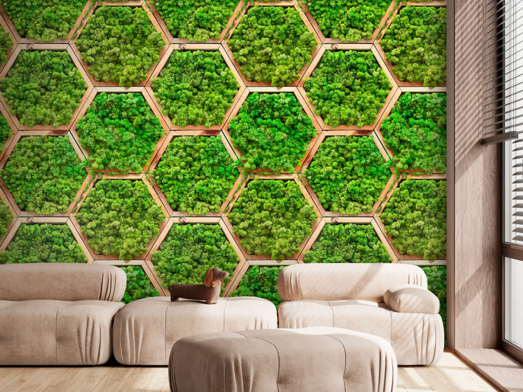 Mos in houten zeshoeken — interieur 2