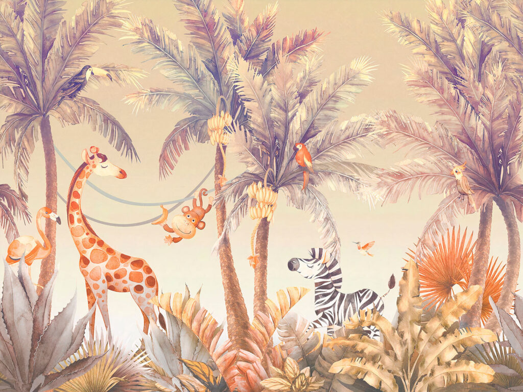 Giraffe speelt tussen palmen — volledig ontwerp