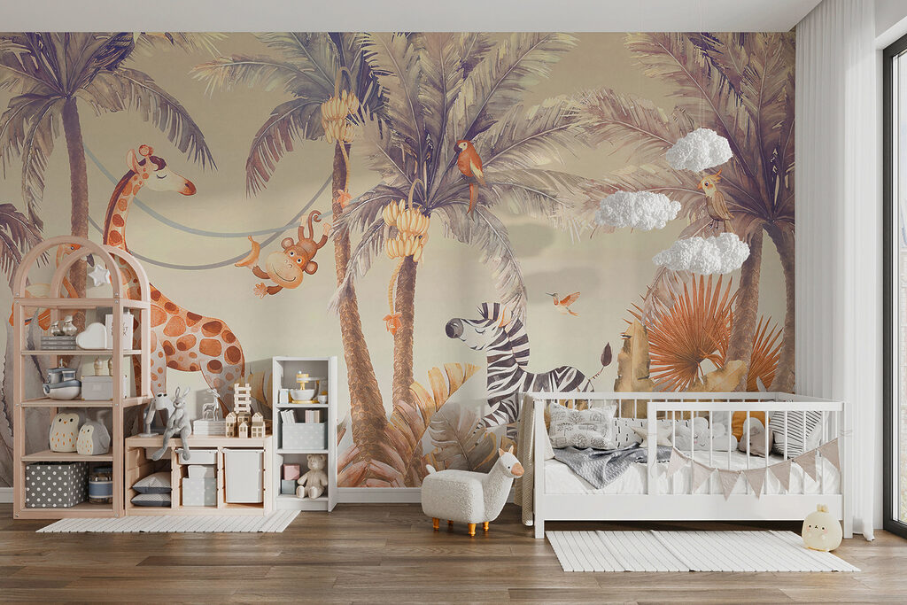 Giraffe speelt tussen palmen — interieur 4