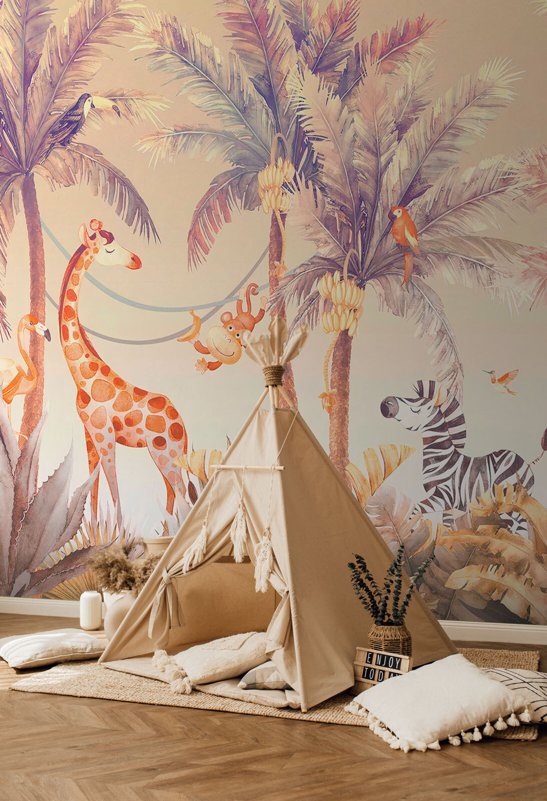 Giraffe en zebra in een jungle in een interieur