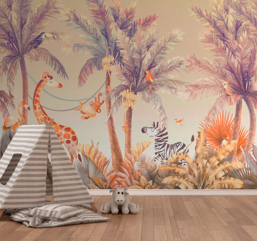 Giraffe speelt tussen palmen — interieur 3