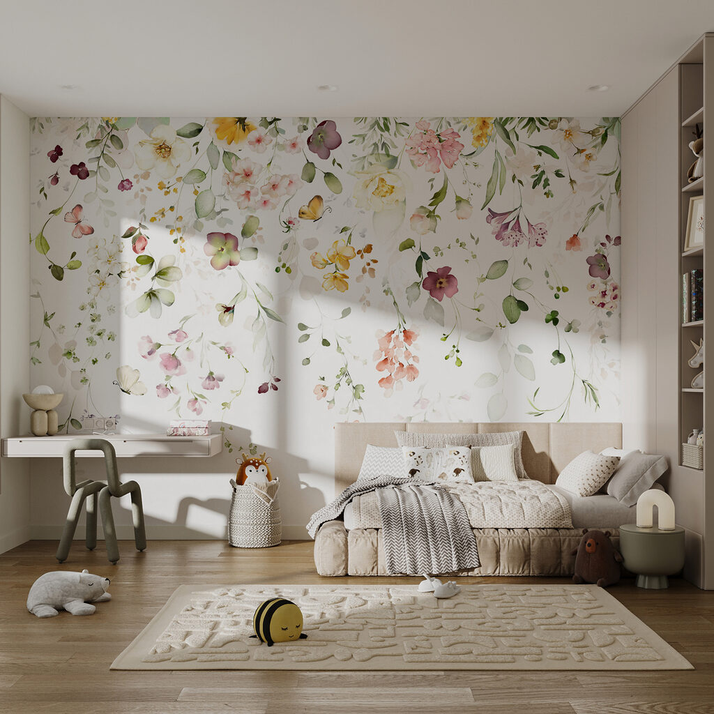 Schilderij van bloemen en bladeren in een interieur