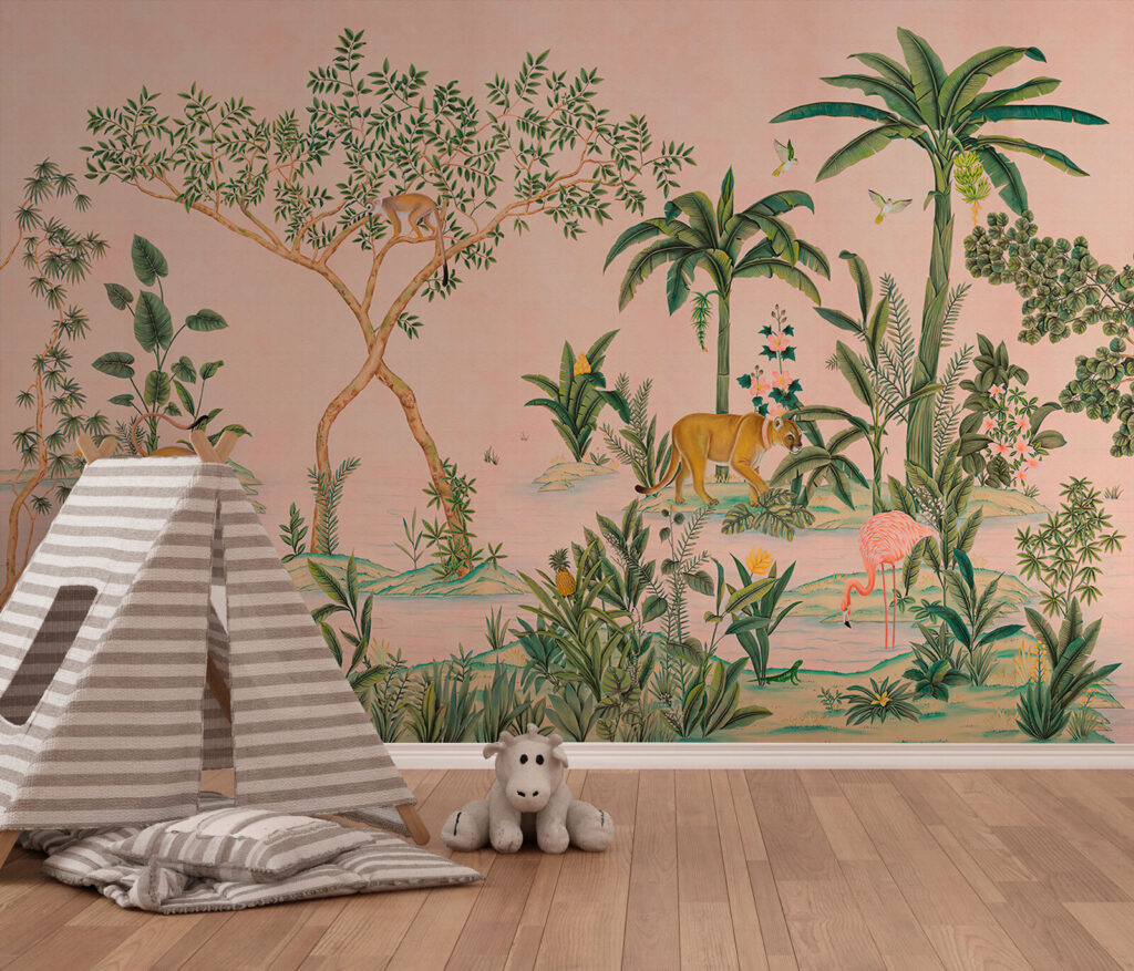 Weelderig jungle-tafereel met diverse dieren in een interieur