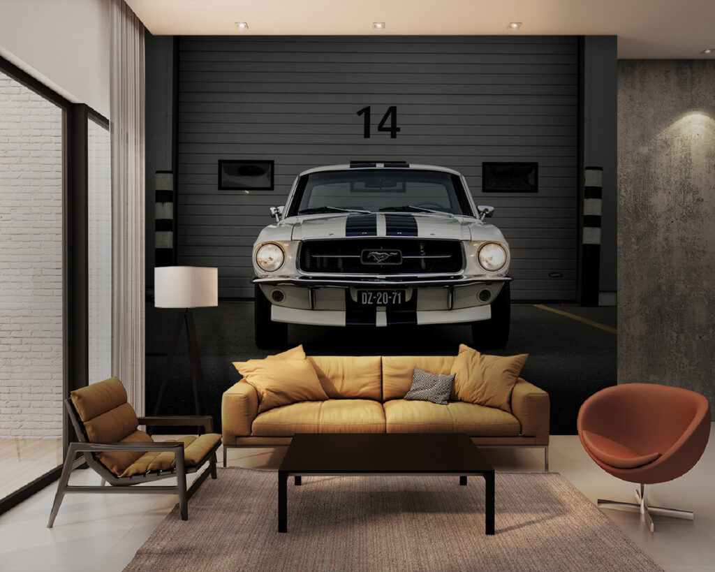 Auto geparkeerd voor een garagedeur in een interieur