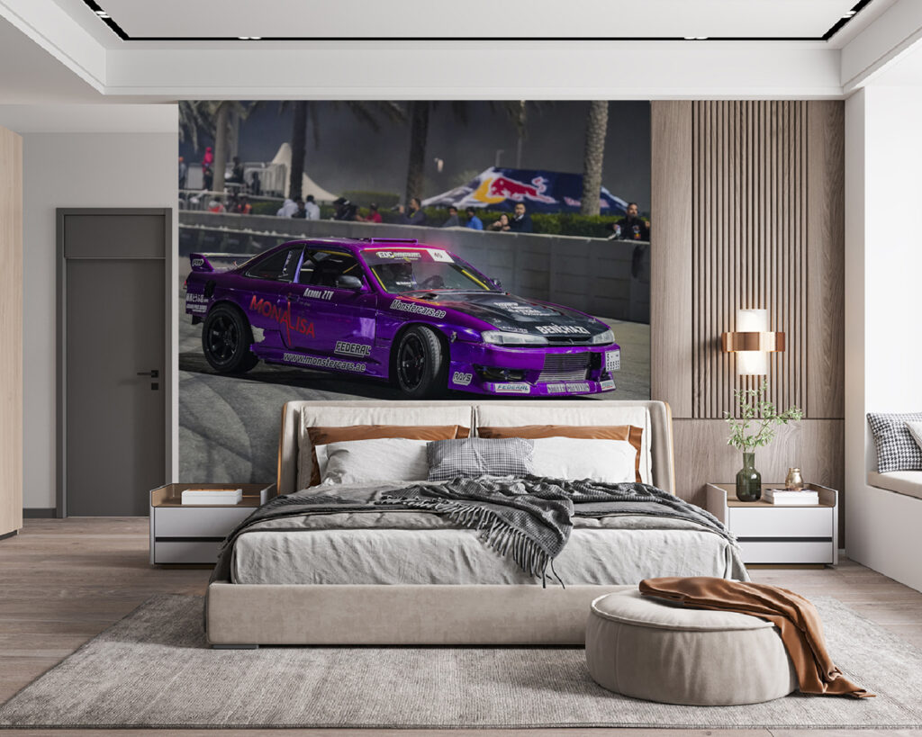 Paarse sportwagen in drift — interieur 2