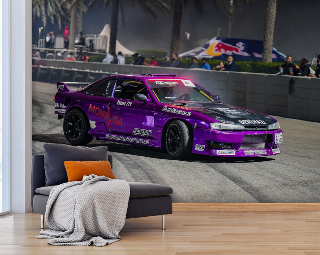 Paarse sportwagen in drift — interieur 1