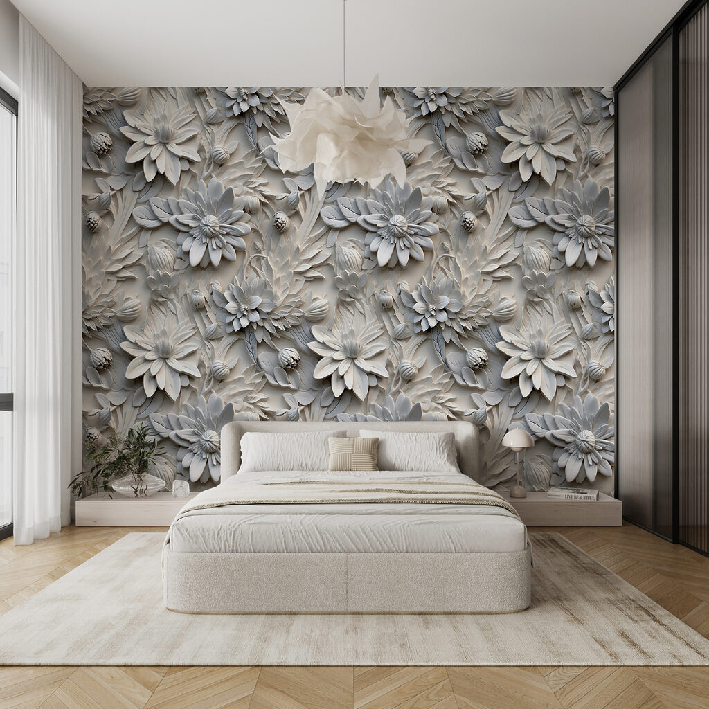 Witte bloemen in reliëf — interieur 6