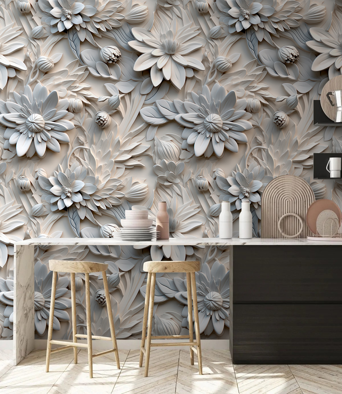 Witte bloemen in reliëf — interieur 5