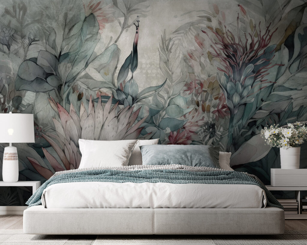 Schilderij van bloemen en bladeren in een interieur