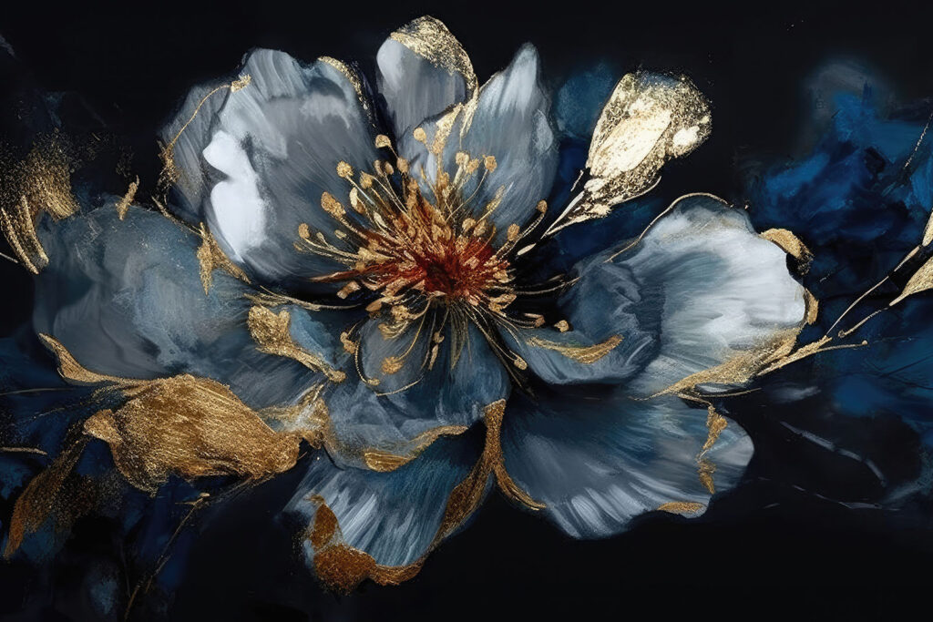 Blauwe bloem met goudaccenten — volledig ontwerp