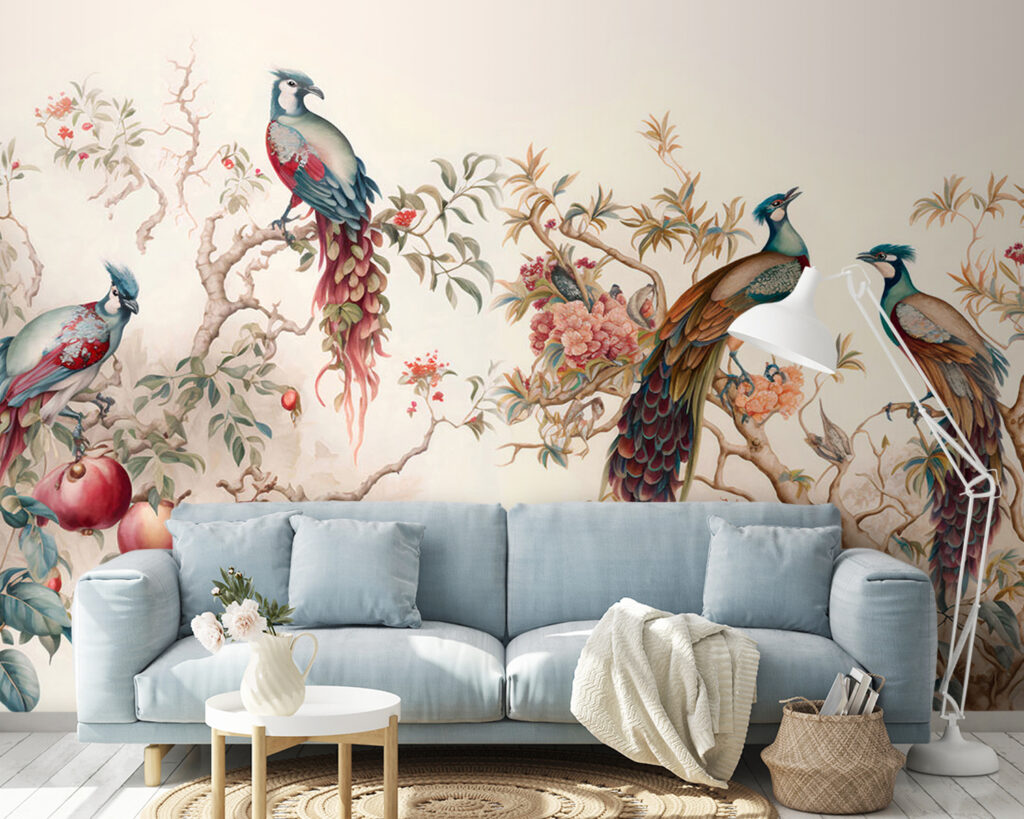 Groep vogels op een boom in een interieur