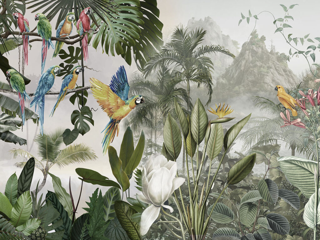 Papegaaien in licht woud — volledig ontwerp
