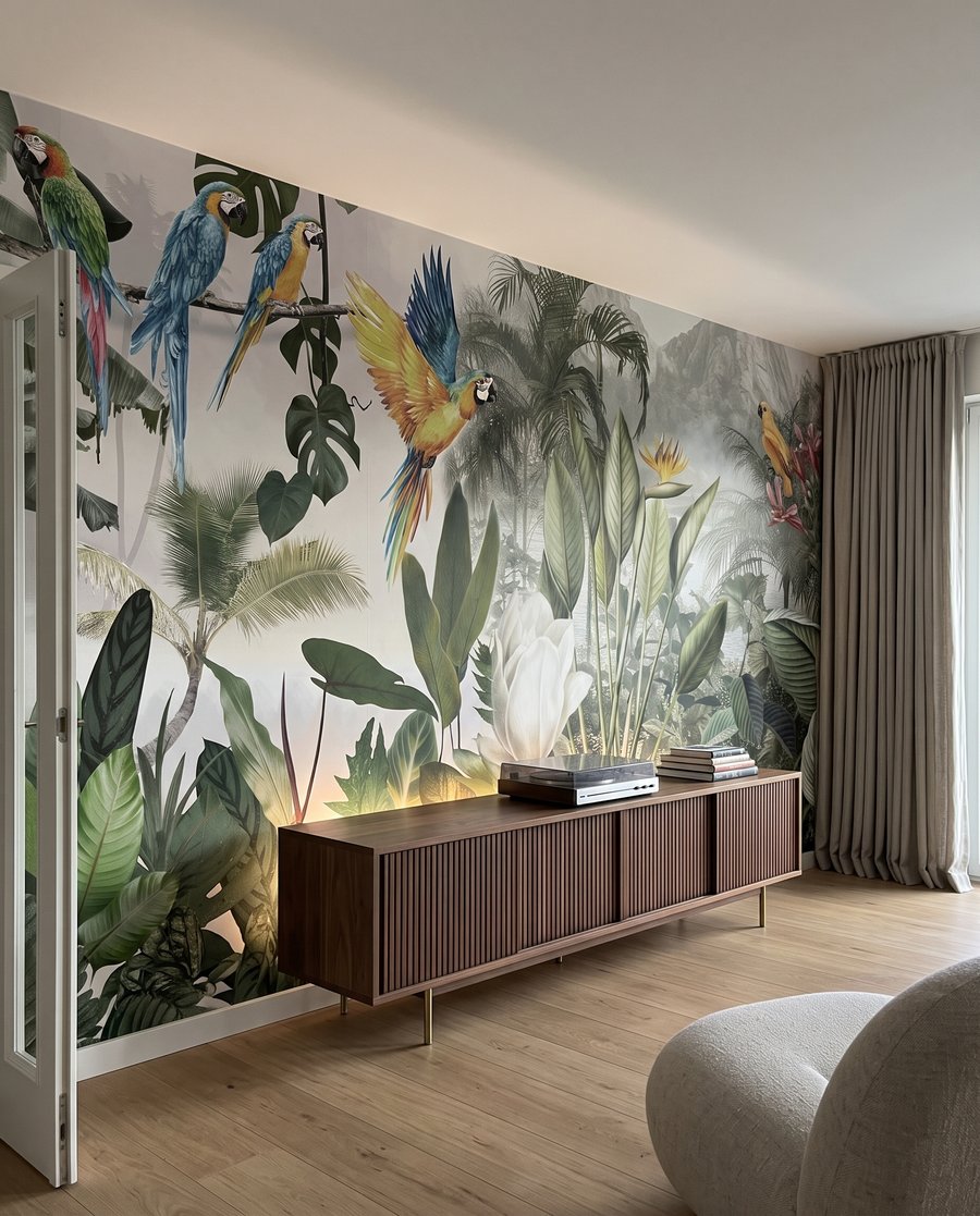 Papegaaien in licht woud in een interieur