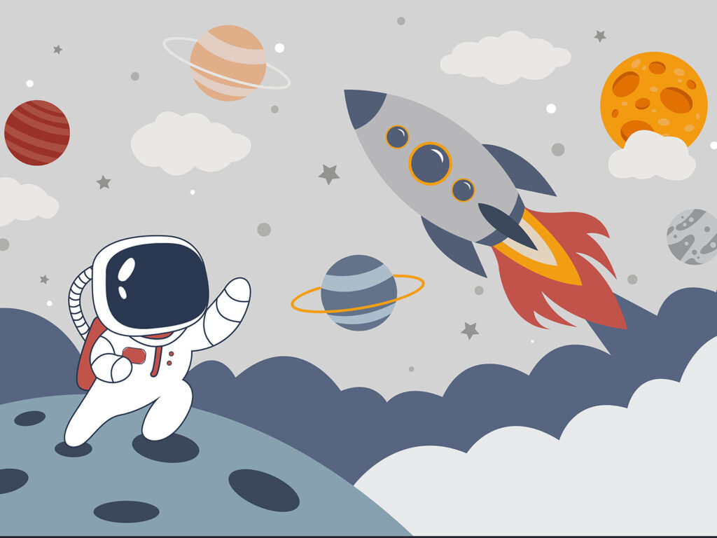Raket naast kleine astronaut — volledig ontwerp