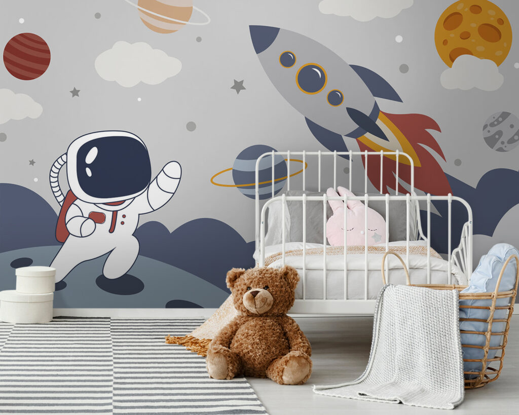 Tekening van een astronaut die op een planeet loopt met een raket in de lucht in een interieur