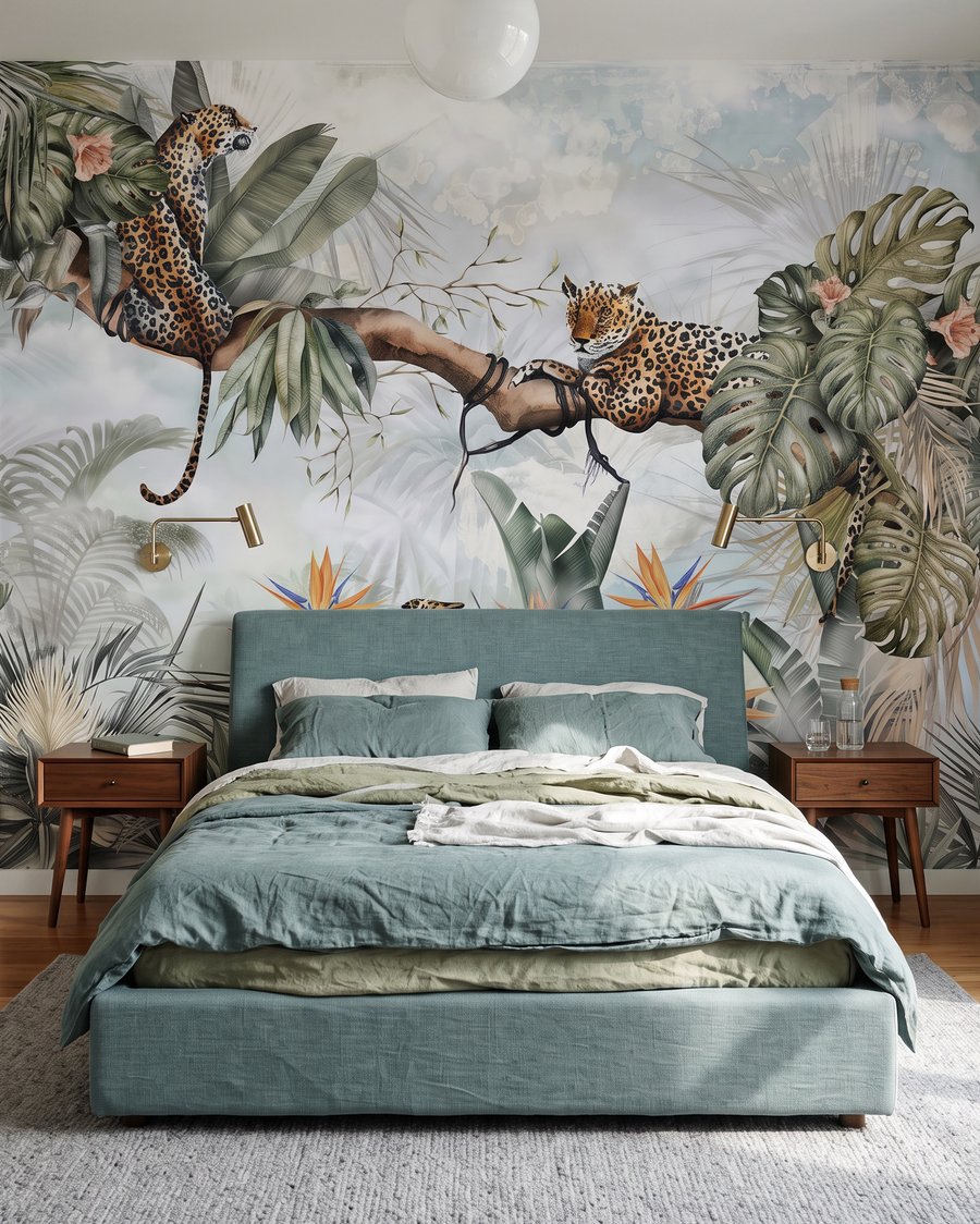 Luipaarden tussen grijsgroene palmen — interieur 2