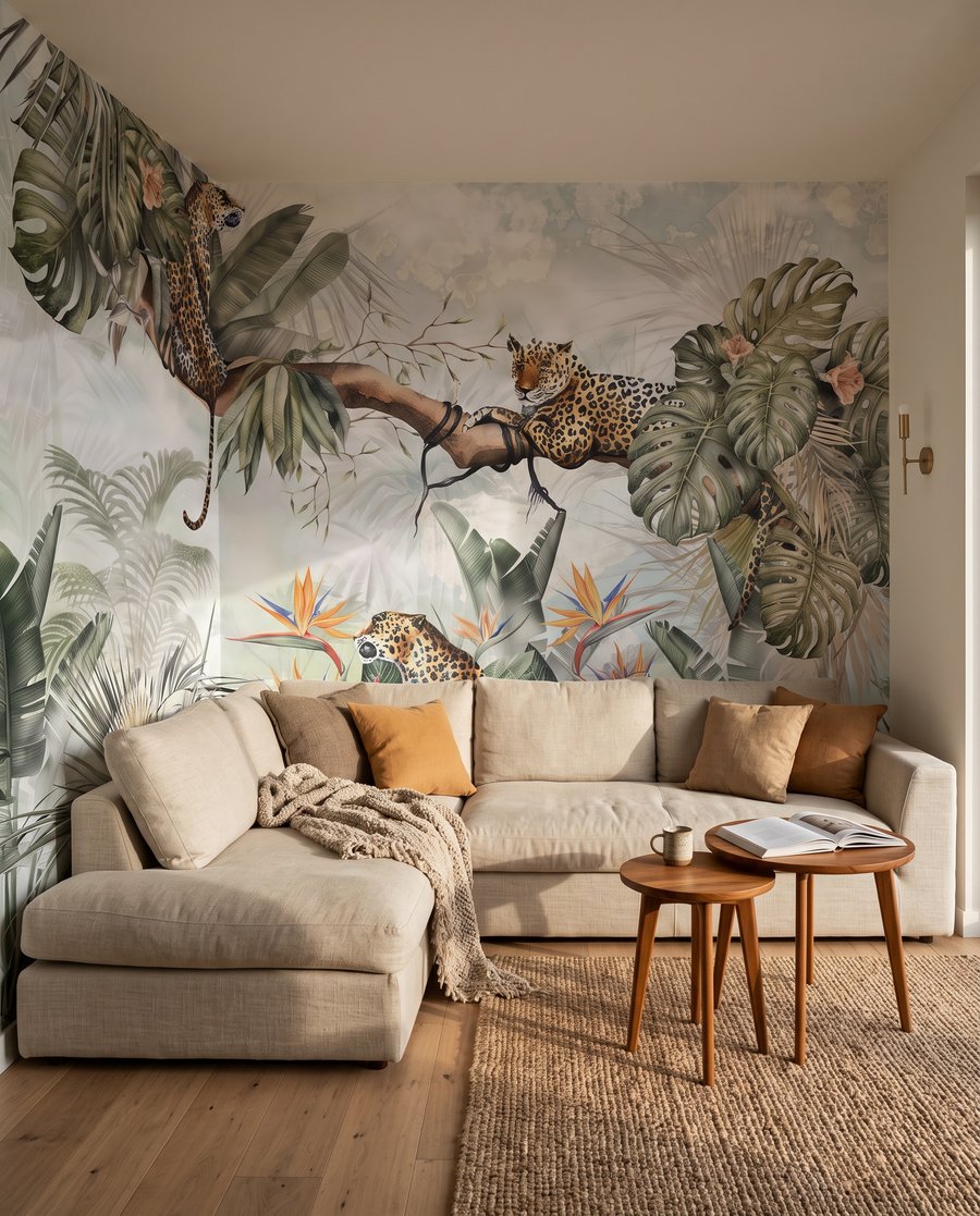 Luipaarden tussen grijsgroene palmen — interieur 3