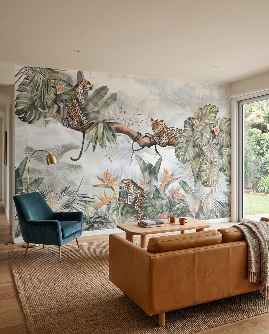 Schilderij van een groep cheeta's op een boomtak in een interieur
