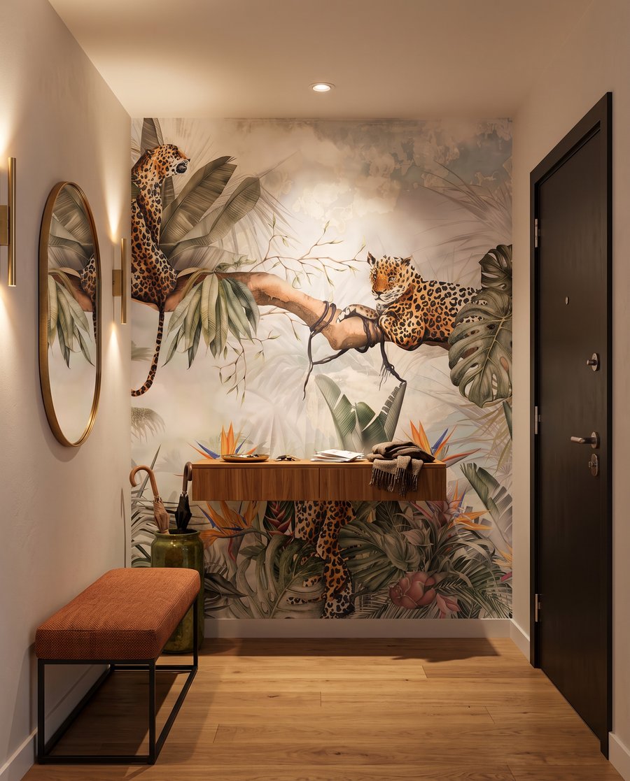 Luipaarden tussen grijsgroene palmen — interieur 4