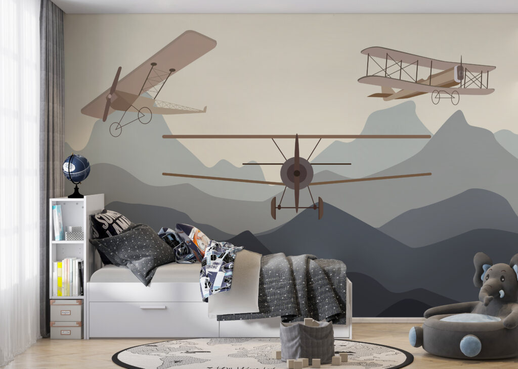 Twee vliegtuigen vliegen in de lucht in een interieur