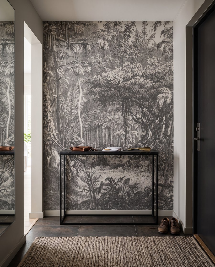 Tekening van bomen en planten in een interieur