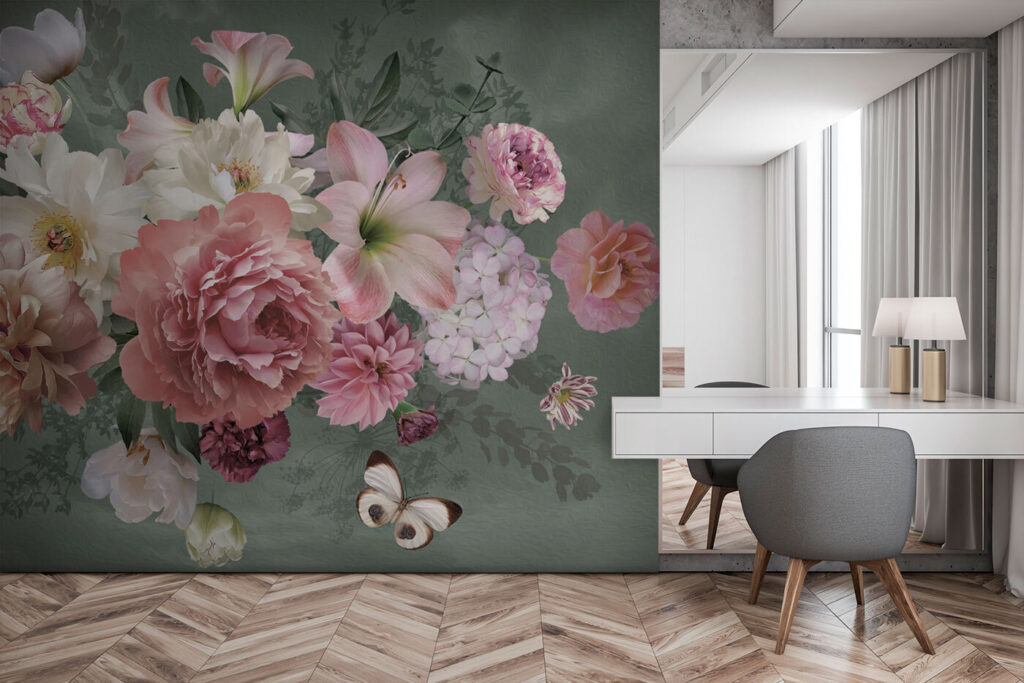 Oudroze boeket op grijsgroen — interieur 1