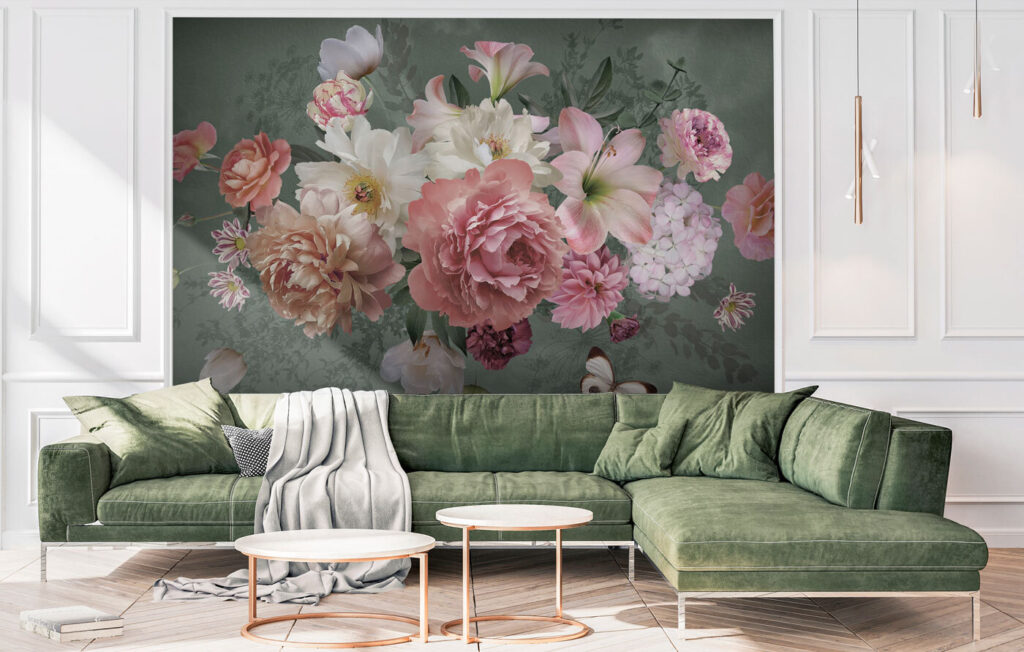 Oudroze boeket op grijsgroen — interieur 3