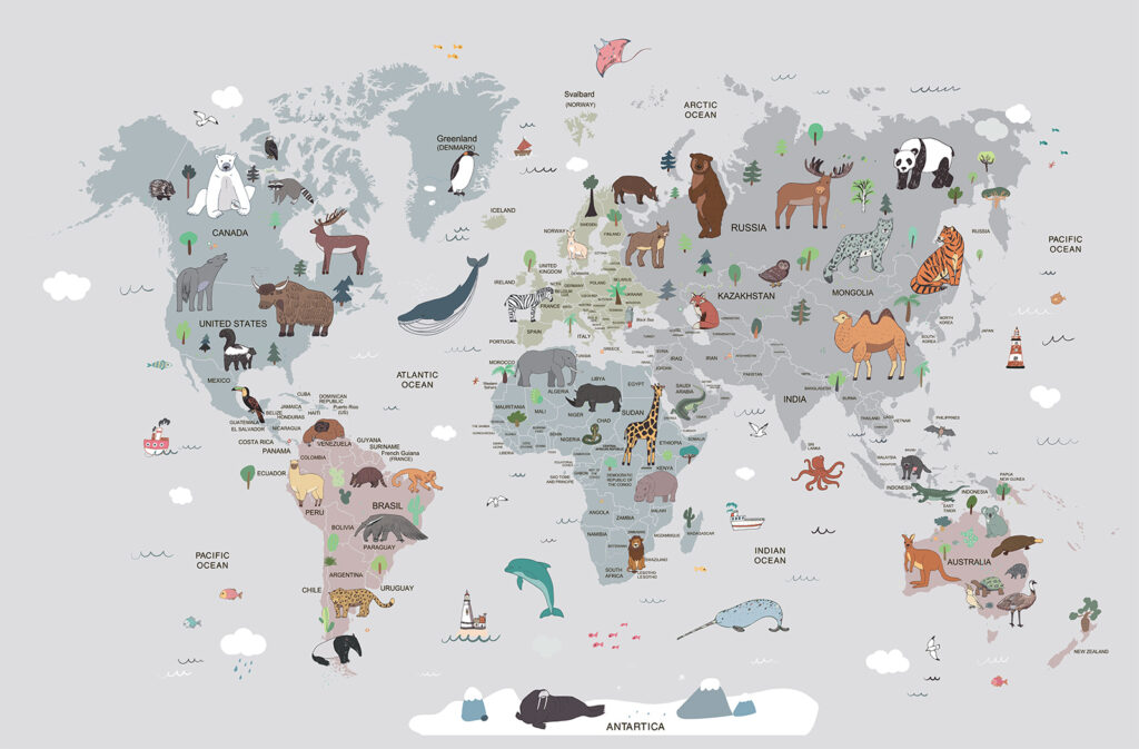 Wereldkaart met kleine dieren — volledig ontwerp