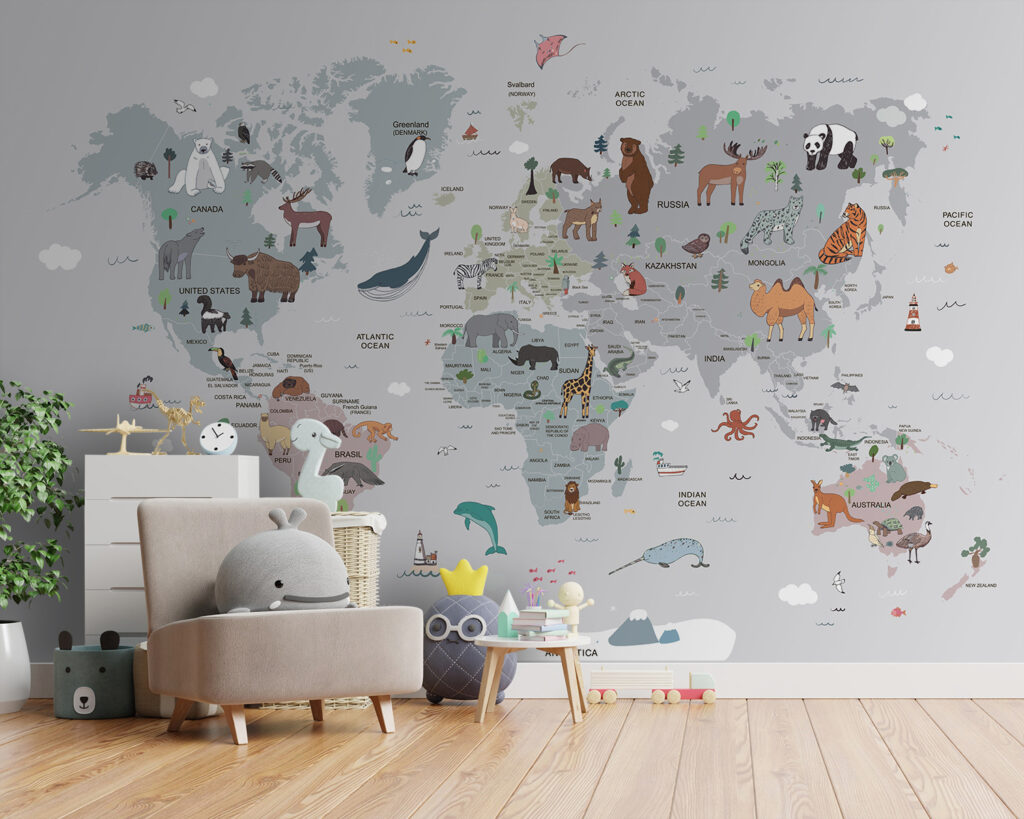 Wereldkaart met dieren in een interieur