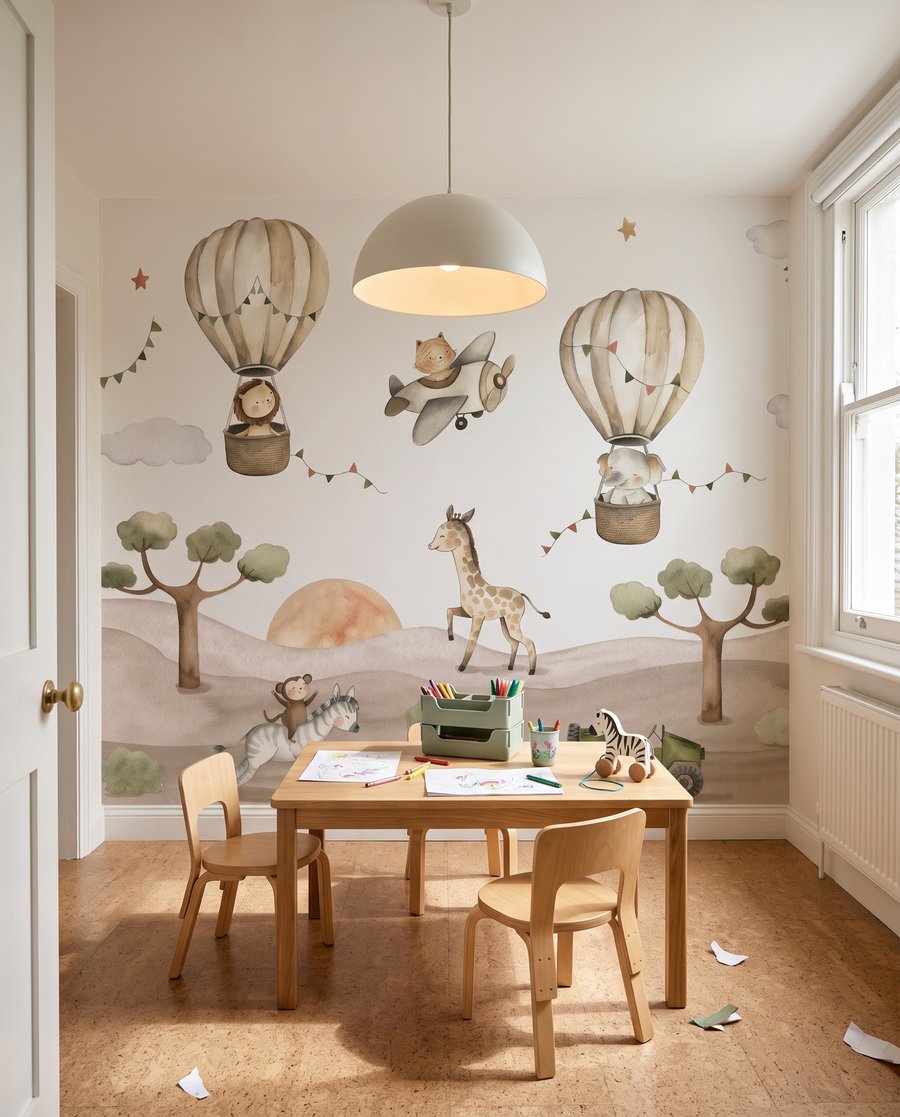 Groep dieren in een woestijn in een interieur