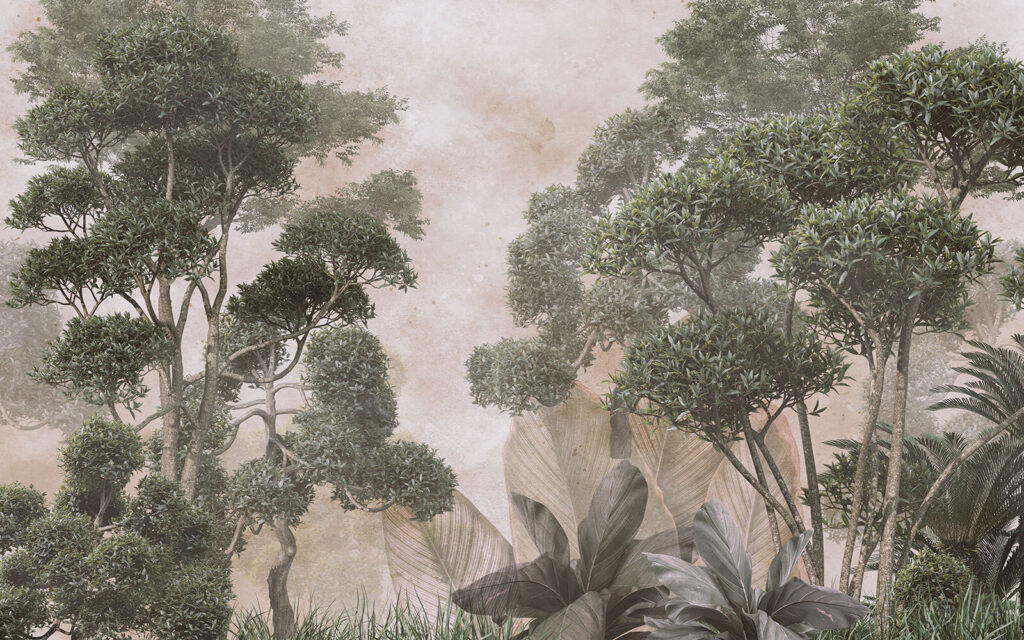 Groene bomen in verfnevel — volledig ontwerp