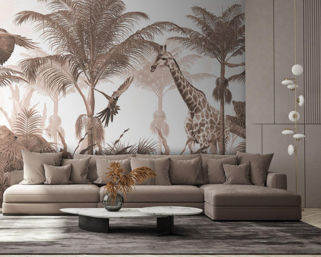 Giraffen en een papegaai in een bos in een interieur