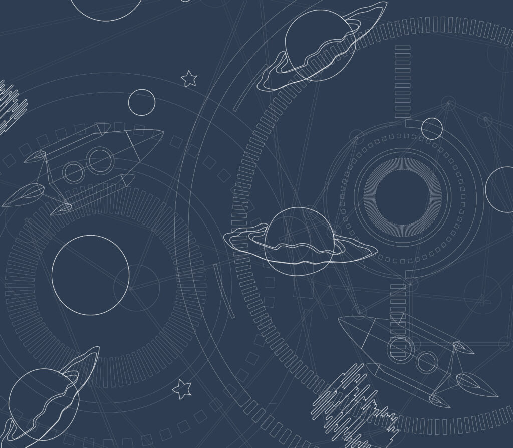 Blauwe en witte achtergrond met planeten en sterren — volledig ontwerp