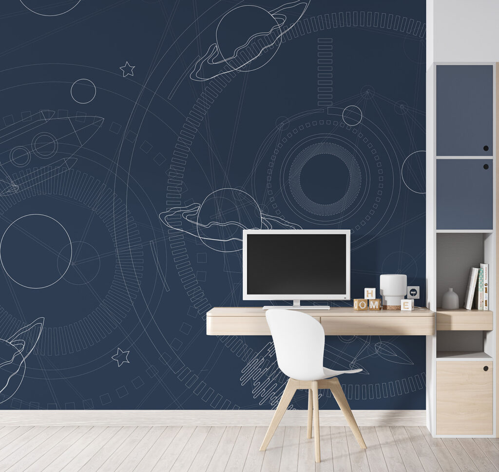 Blauwe en witte achtergrond met planeten en sterren — interieur 2